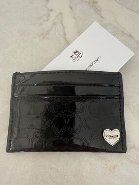 Coach Black Patent Signature Card Holder with Heart Emblem